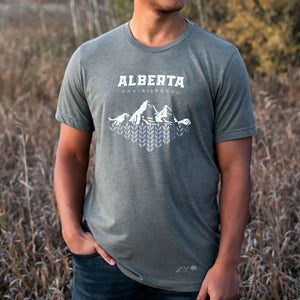 A person wearing a grey crew neck t-shirt with 'Alberta' and mountain range graphic in white.