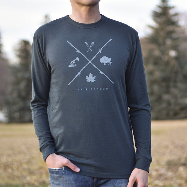 A person wearing a long sleeve crew t-shirt in charcoal with a barb wire design in the shape of an 'X'.