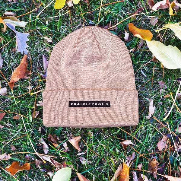 A beige, cuffed beanie with embroidery on the front, placed on a grassy surface with autumn leaves around.