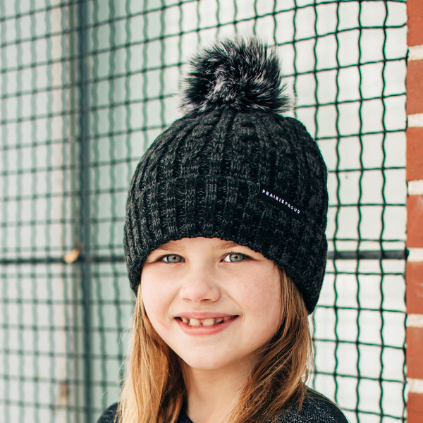 Unisex - Cable Knit w/ Pom - Heather Black / Charcoal