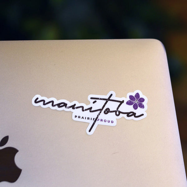 A die cut vinyl sticker with the text 'manitoba' and a purple flower, placed on a laptop.
