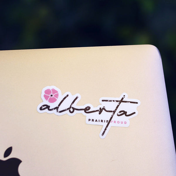 A close-up image of a black and pink sticker with the text 'alberta' and a floral design on a laptop.