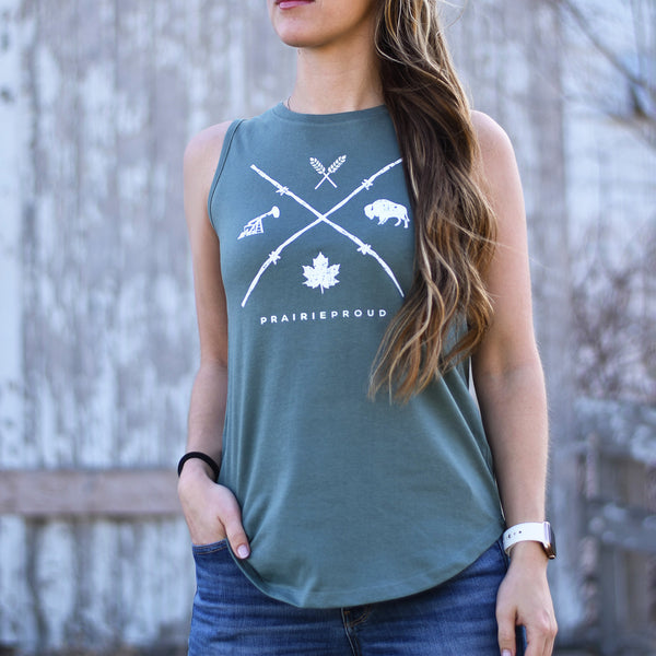 Ladies - Barb Wire Scoop Tank - Dusty Green
