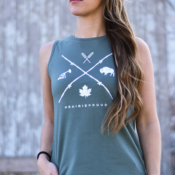 Ladies - Barb Wire Scoop Tank - Dusty Green