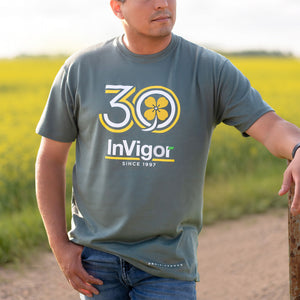 Man wearing a dusty green crew t-shirt with 'InVigor 30' logo in a field