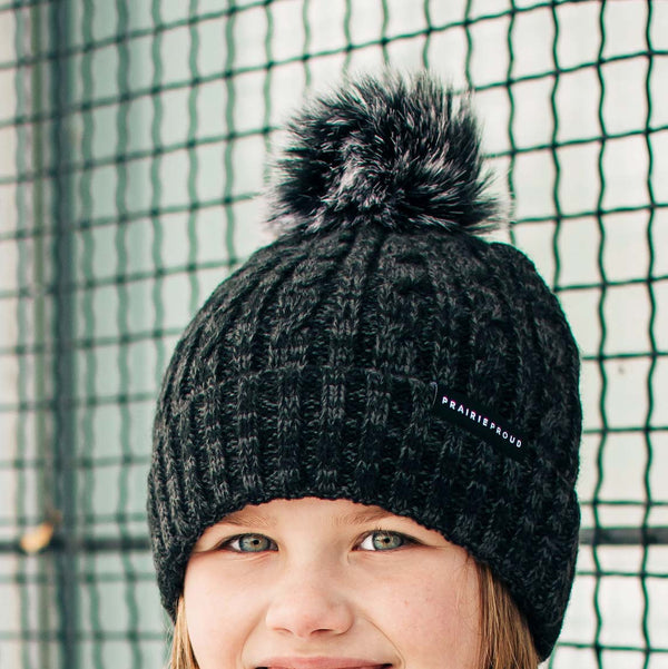 Unisex - Cable Knit w/ Pom - Heather Black / Charcoal